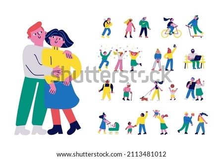 Cartoon People characters vector set. Traditional modern cartoon people. Male and Female characters. Young people, elderly people, couples, parents with kids.  Vector characters isolated
