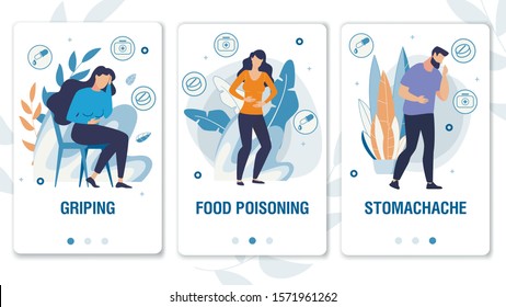 Cartoon People Characters with Weakness Symptoms, Suffering from Pain. Griping, Food Poisoning, Stomachache. Mobile Social Media Landing Page Set. Telemedicine. Foliage Design. Vector Illustration