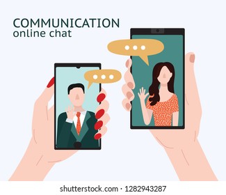 Cartoon People Chating in Messenger Card Poster Social Communication Friendship and Love in Messenger Concept Flat Design. Vector illustration