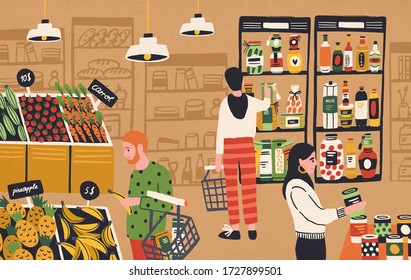 Cartoon people choosing and buying fresh products at grocery store vector flat illustration. Colorful man and woman shopper at supermarket. Customers purchasing food at retail shop