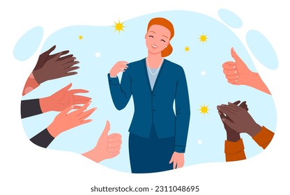 Cartoon people clap and cheer happy businesswoman, office workers appreciate achievement of hero manager. Hands applaud and congratulate confident female employee with good job vector illustration