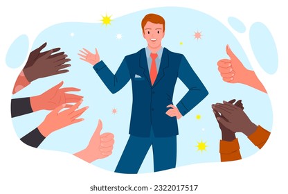 Cartoon people clap and congratulate, appreciate man with positive gestures, public praise, applause for good job. Hands of business team applaud to confident businessman in suit vector illustration