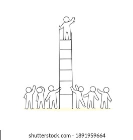 Cartoon people climbing on stairs. Doodle cute miniature teamwork. Hand drawn vector illustration for business design and infographic.