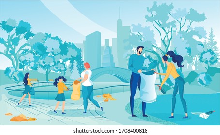 Cartoon People Collect Garbage in Bags in City Park Vector Illustration. Adult Woman Man Picking Waste, Children Help. Volunteer Cleaning, Activist Work. Environment Nature Pollution Problem