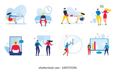Cartoon People Communication Set. Vector Male and Female Community, Business Person Use Gadgets and Modern Technology for Chatting and Conversation Flat Illustration. Business Startup, Work Moments