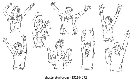 Cartoon people at concert or dance party - black and white crowd set of young men and women dancing, screaming and smiling. Isolated vector illustration.