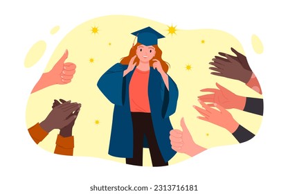 Cartoon people congratulate happy young girl with graduation of academy, university, college or school on praise ceremony. Hands clapping for female graduate in gown and cap vector illustration