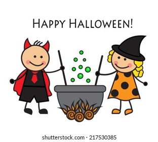 Cartoon people in costume Halloween brew a potion in a cauldron