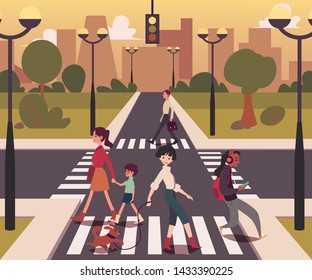 Cartoon people crossing the road, men and women on empty crossroad walking across street in urban background, girl with dog, mother with child on pedestrian line, flat vector illustration