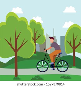 Cartoon People Cycling in Park. City Building Panorama Vector Illustration. Family with Children Tandem Bike. Girl Ride Bicycle. Boy Bycyclist Man Cyclist. Active Leisure Healthy Lifestyle Outdoors