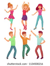 Cartoon people dance. Adult persons smiling and teens dancing at young fun friends disco company party. Funny partying person teen happy dancer poses colorful vector illustration isolated icon set