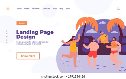 Cartoon people dancing on summer beach. Flat vector illustration. Friends having fun during tropical party with DJ and sunset in background. Music, party, friendship, seaside concept for banner design