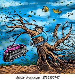 Cartoon of people in danger situation with Strong winds pushing the tree and the car 