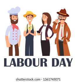 Cartoon people different proffesions isolated on white. Labour Day poster