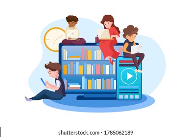 Cartoon people different races read books, learning process and education concept, monitor with book library