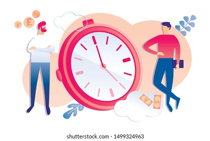 Cartoon People Discuss Deadline Project Finish Date Vector Illustration. Businessman Client Man Customer Pay Money. Clock Stopwatch Countdown Process. Time Management Task Efficiency