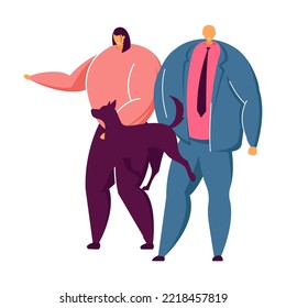 Cartoon people and dog. Flat vector illustration. Volunteers caring about dogs and cats, families adopting homeless pets sitting in cages. Animal, pet, adoption, care concept