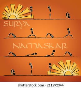cartoon people doing yoga complex "sun salutation"  and two  sun on orange background