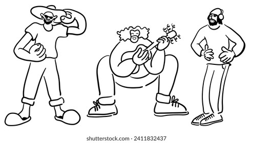 cartoon people doodle style. set of men and women in different poses.print advertising poster template.people in lines