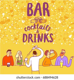 Cartoon people drinking at the bar. Including cocktails and drinks title. Hand drawn colorful vector cartoon illustration for your design.