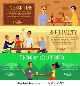 Cartoon people drinking beer - flat banner set with friends sitting at bar table having drinks. Premium craft beer for party time - ad poster text template, vector illustration