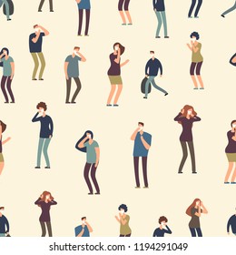 Cartoon people in dust mask seamless pattern. Bad ecology, dirty air vector background illustration