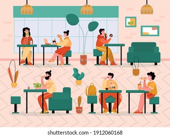 Cartoon people eating in cafe - restaurant interior with customers sitting at tables having lunch. Cozy indoor food court - vector illustration.