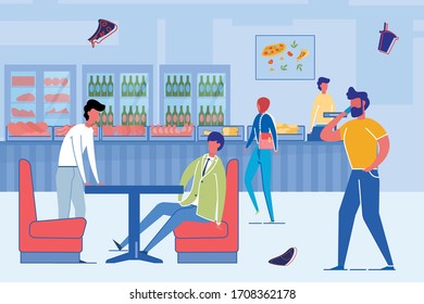 Cartoon People Eating Fastfood in Bistro. Man have Lunch Meal in Cafe. Businessman Meeting in Cafeteria Dinner. Colleagues Conversation at Brunch. Eatery Interior Vector Illustration