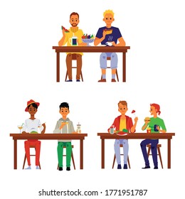 Cartoon people eating together - set of men couples sitting at table and having lunch or dinner isolated on white background. Vector illustration of friends at meal.