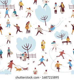 Cartoon people enjoy outdoors activity at winter park seamless pattern vector flat illustration. Man, woman, couple and families walking, ice skating, playing snowballs, making snowman on white