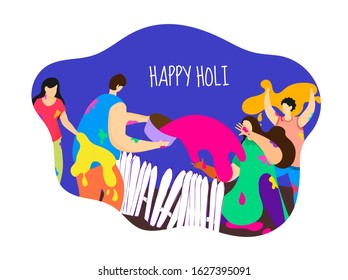 Cartoon People Enjoying and Playing with Colors on the Occasion of Happy Holi.