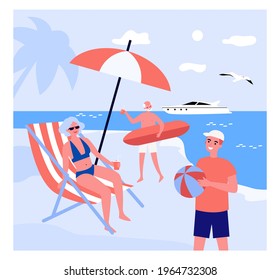 Cartoon people enjoying their vacation at seaside resort. Flat vector illustration. Grandparents and grandson relaxing on beach with drinks, surf board, ball. Sea resort, vacation, relax concept