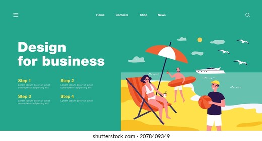 Cartoon people enjoying their vacation at seaside resort. Flat vector illustration. Grandparents and grandson relaxing on beach with drinks, surf board, ball. Sea resort, vacation, relax concept
