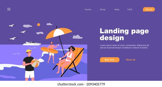 Cartoon people enjoying their vacation at seaside resort. Flat vector illustration. Grandparents and grandson relaxing on beach with drinks, surf board, ball. Sea resort, vacation, relax concept