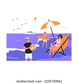 Cartoon people enjoying their vacation at seaside resort. Flat vector illustration. Grandparents and grandson relaxing on beach with drinks, surf board, ball. Sea resort