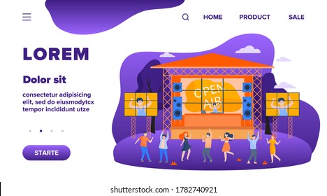Cartoon people entertaining at open air festival flat vector illustration. Music performance, party or rock concert outdoors. Entertainment, park and weekend concept