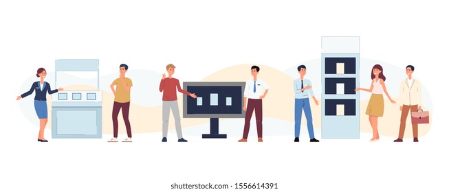 Cartoon People At Exhibition Fair - Flat Isolated Set On White Background. Men And Women Standing By Expo Booth Or Display Screen Giving Presentation - Vector Illustration.