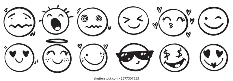 Cartoon people face emotions set in doodle scribble pencil marker style hand drawn set.