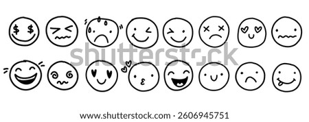 Cartoon people face emotions set in doodle scribble pencil marker style hand drawn set