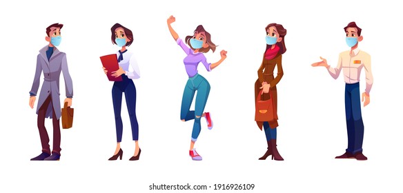 Cartoon people in face masks, young men and women characters, isolated set on white background. Businessman, waiter, administrator, cheerful teenage girl and serious woman in coat, Vector illustration