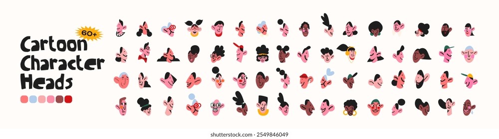 Cartoon people faces with emotions, doodle characters in retro groovy funky style. Big set.  Avatars stickers set of hand drawn round vector faces	
