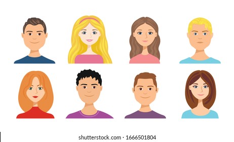 Cartoon people faces set isolated on white. Vector illustration of girls and boys with different hair colors in flat style. Woman and man Blonde, brunette, brown-haired and red-haired. Cute avatars.