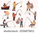 Cartoon people are fishing. Male fishermen characters with fishing rods and nets in boats on lake, winter and summer catching process, men hobby recreation, leisure time, vector isolated set