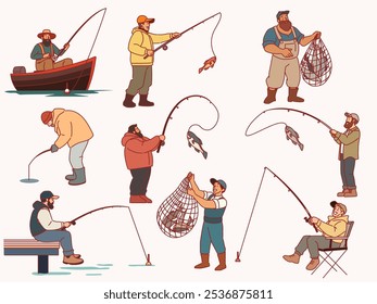 Cartoon people are fishing. Male fishermen characters with fishing rods and nets in boats on lake, winter and summer catching process, men hobby recreation, leisure time, vector isolated set