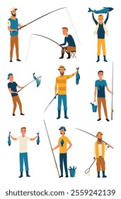 Cartoon people are fishing. Male fishermen characters with fishing rods on lake, summer catching process, men hobby recreation, leisure time, vector