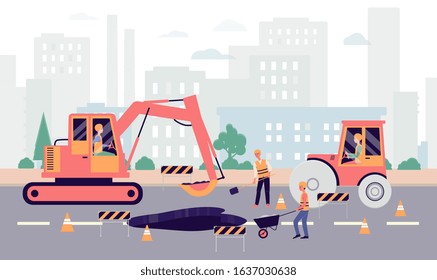 Cartoon people fixing hole on highway - industrial city roadwork banner with repair equipment and heavy machinery working on pothole. Flat vector illustration.