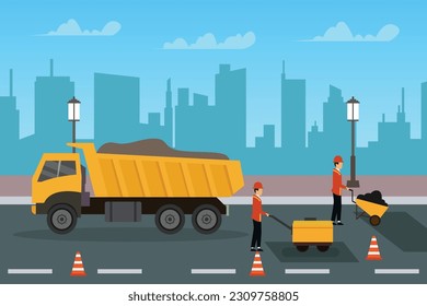 Cartoon people fixing hole on highway - industrial city roadwork 2d vector illustration concept for banner, website, illustration, landing page, flyer, etc.