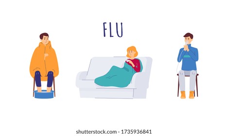 Cartoon people with flu virus symptoms - isolated set of men and woman wrapped in blanket in sofa, soaking feet in warm water and using steam inhaler. Vector illustration.