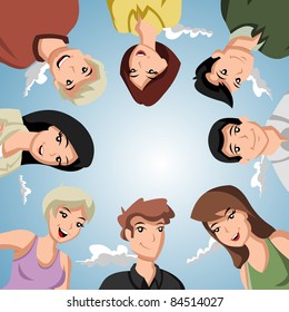 Cartoon people forming a circle of head