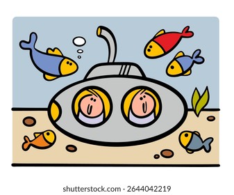 Desenhos animados e personagens engraçados nadam fundo em um submarino e exploram a flora e a fauna do oceano. Ilustração vetorial de peixes olhando para o veículo.